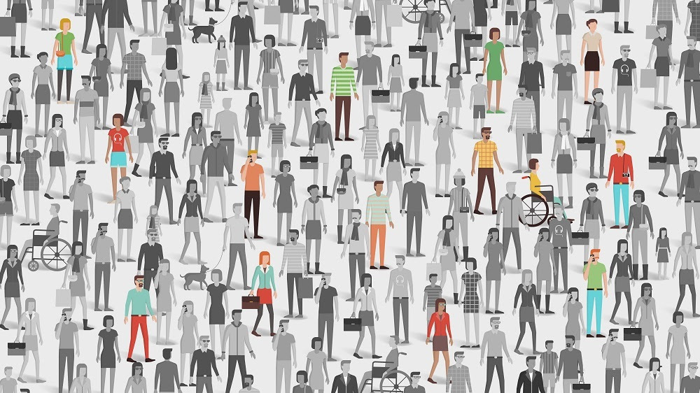 illustration of a crowd of people in black and white with a few people highlighted