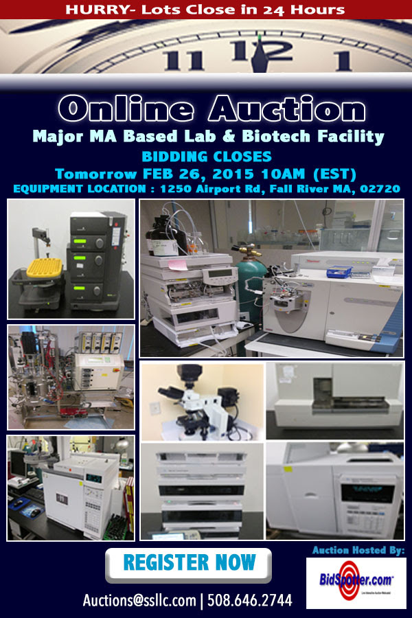 Agilent 6890 GCMS, Agilent 1100 HPLC, AKTA Explorer 100 FPLC System, Sartorius Biostat C Bioreactor, Leica and Sakura Histology Equipment.  Freezers, Refrigerators, Centrifuges, Flammable Storage Cabinets, Consumables and Much More!  Full Inventory Coming Soon!  Inspection by appointment only Fri February 20th  Removal by appointment only:  Please call SSLLC at (508) 646-2744 or email auctions@ssllc.com to schedule removal.  First Day for Removal: Friday February 27th  Last Day for Removal: Friday March 13th