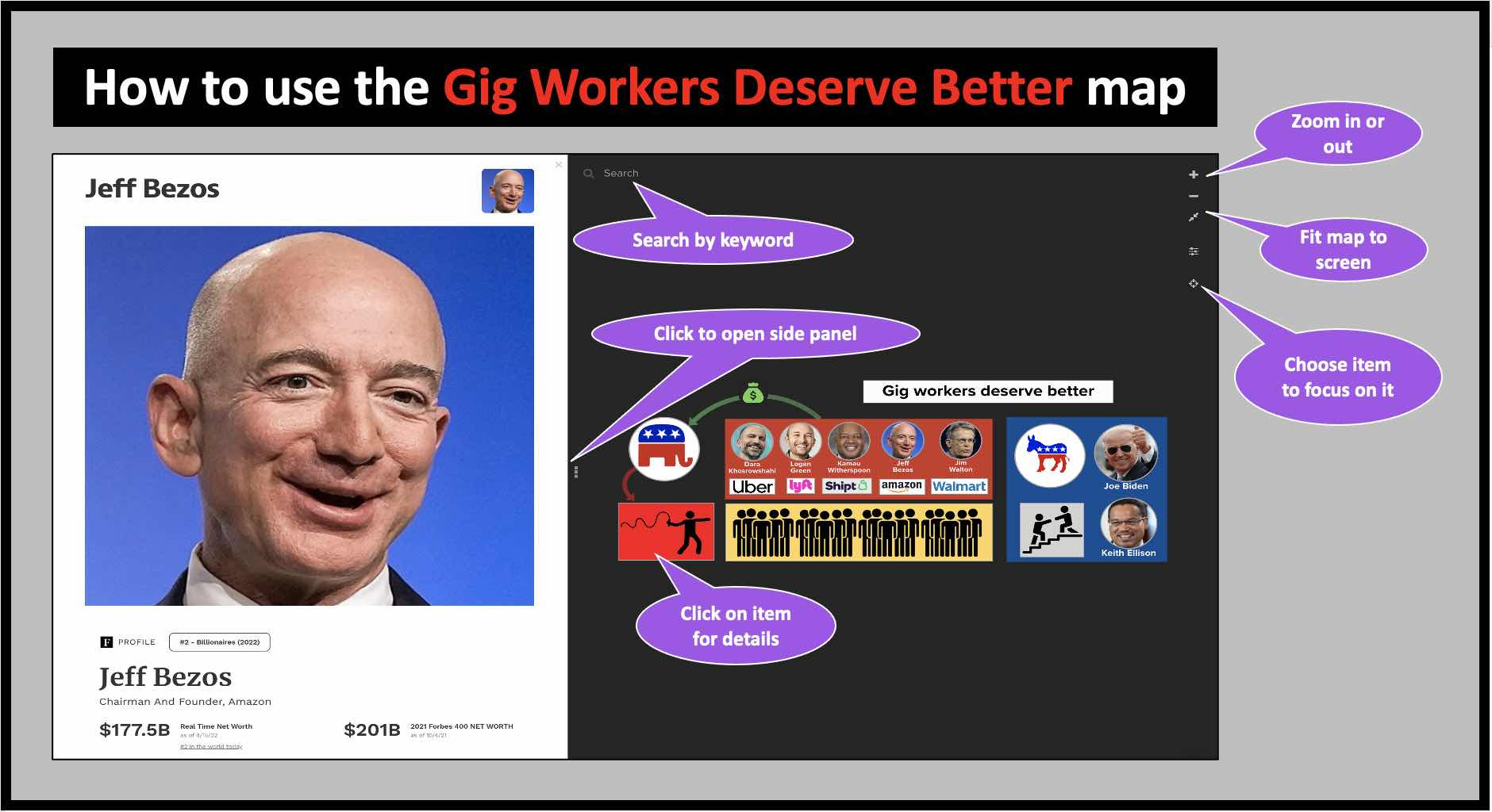 How to use the GIG WORKERS DERVE BETTER map to follow the money. See how gig workers are exploited with the help of Republicans.