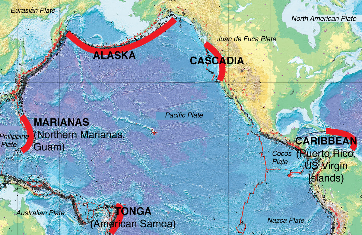 map of Pacific Ocean showing subduction zone areas in red