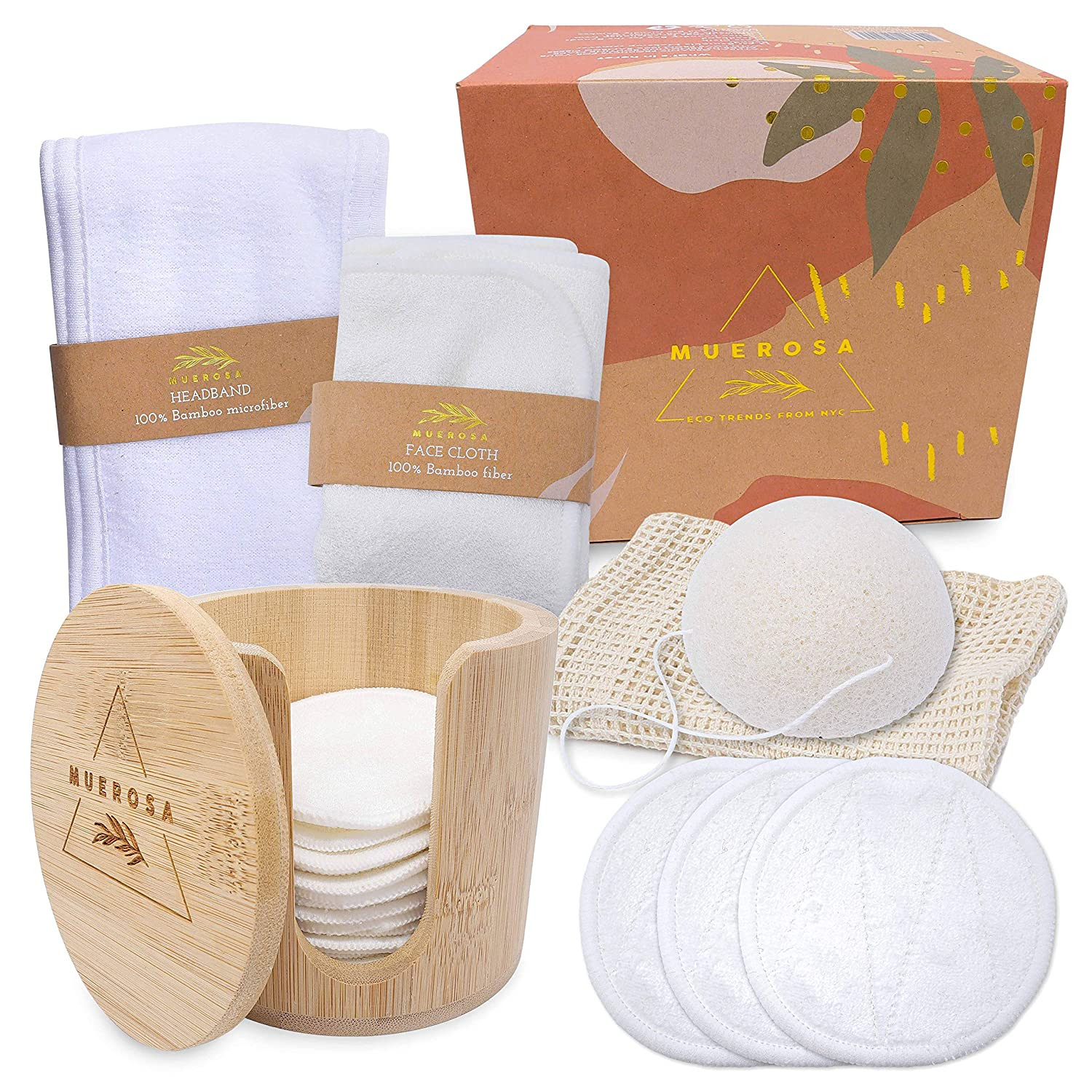 Image of All in One Facial Cleansing Skincare Set, 14 pcs Reusable Bamboo Makeup Remover Pads, Sponge, Face Cloth, Headband, Bamboo Storage Box, Laundry Bag