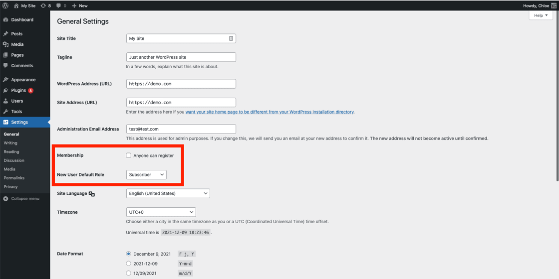 How to access site settings.