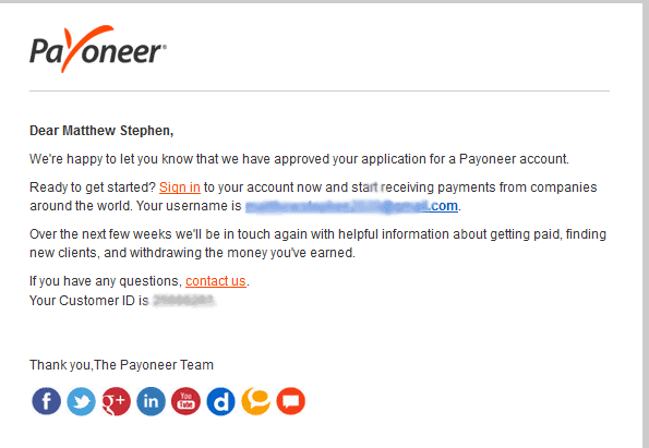 payoneer account approval message
