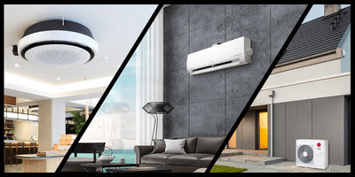 LG HVAC Product Line-up (From Left, Round Cassette, DUALCOOL with AirCare Complete System, Therma V)