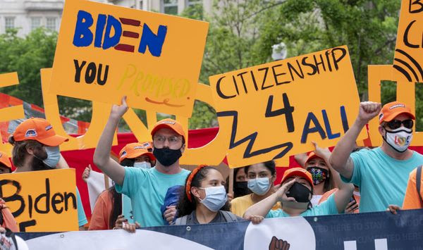 FILE - Supporters of immigration reform march while asking for a path to citizenship and an end to detentions and deportations, April 28, 2021, in Washington. Biden took office on Jan. 20 and almost immediately, numbers of migrants exceeded expectations. (AP Photo/Jacquelyn Martin, File)