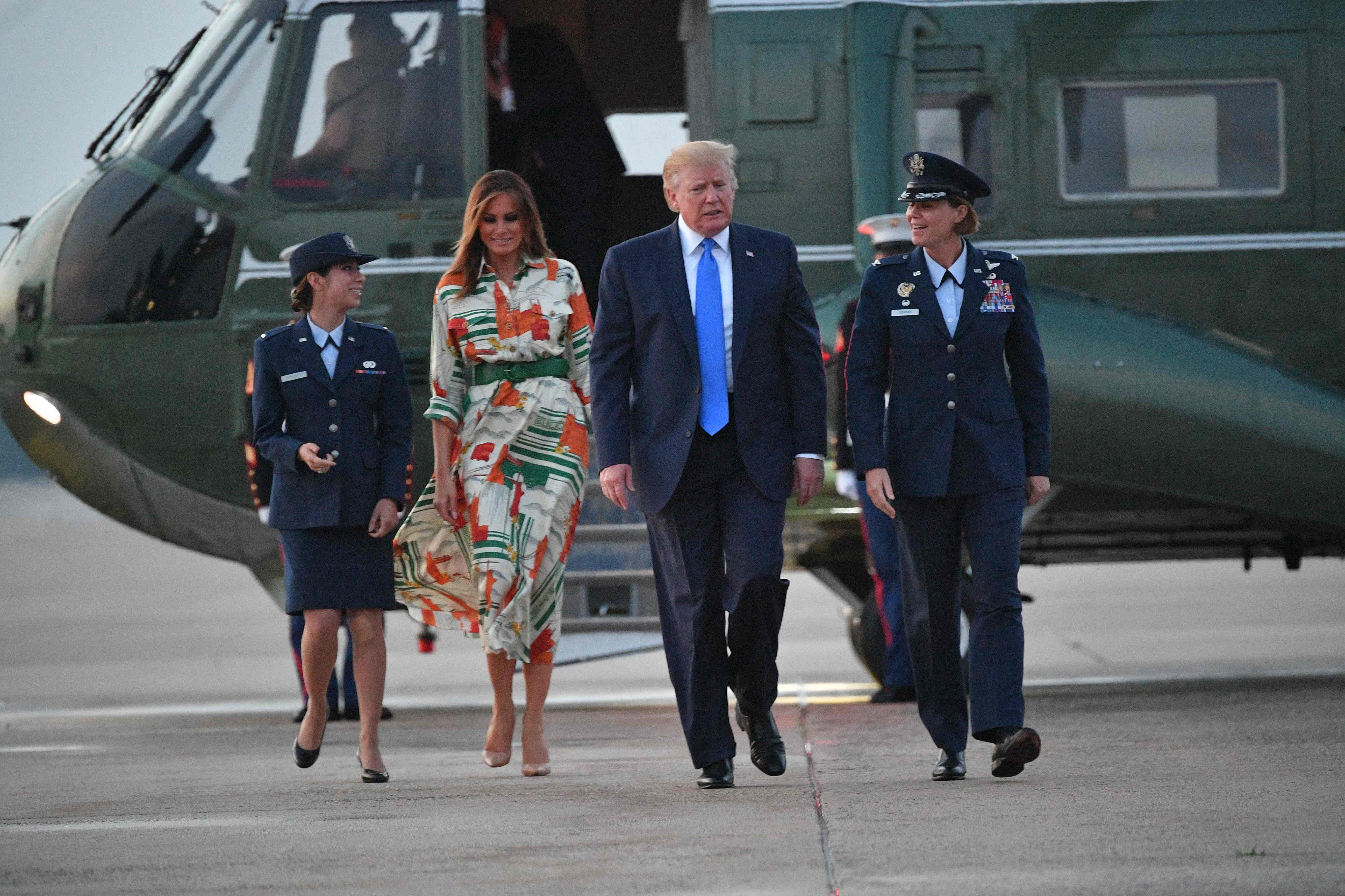  She chose this outfit for her flight f-rom Washington to London, with husband President Donald Trump
