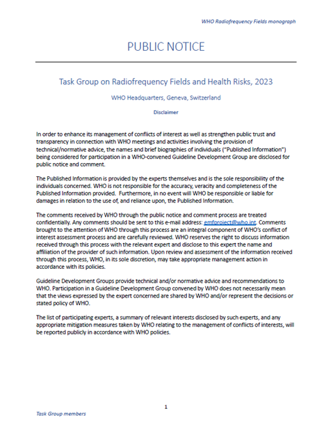 PUBLIC NOTICE: Task Group on Radiofrequency Fields and Health Risks