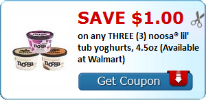 Save $1.00 on any THREE (3) noosa® lil' tub yoghurts, 4.5oz (Available at Walmart)