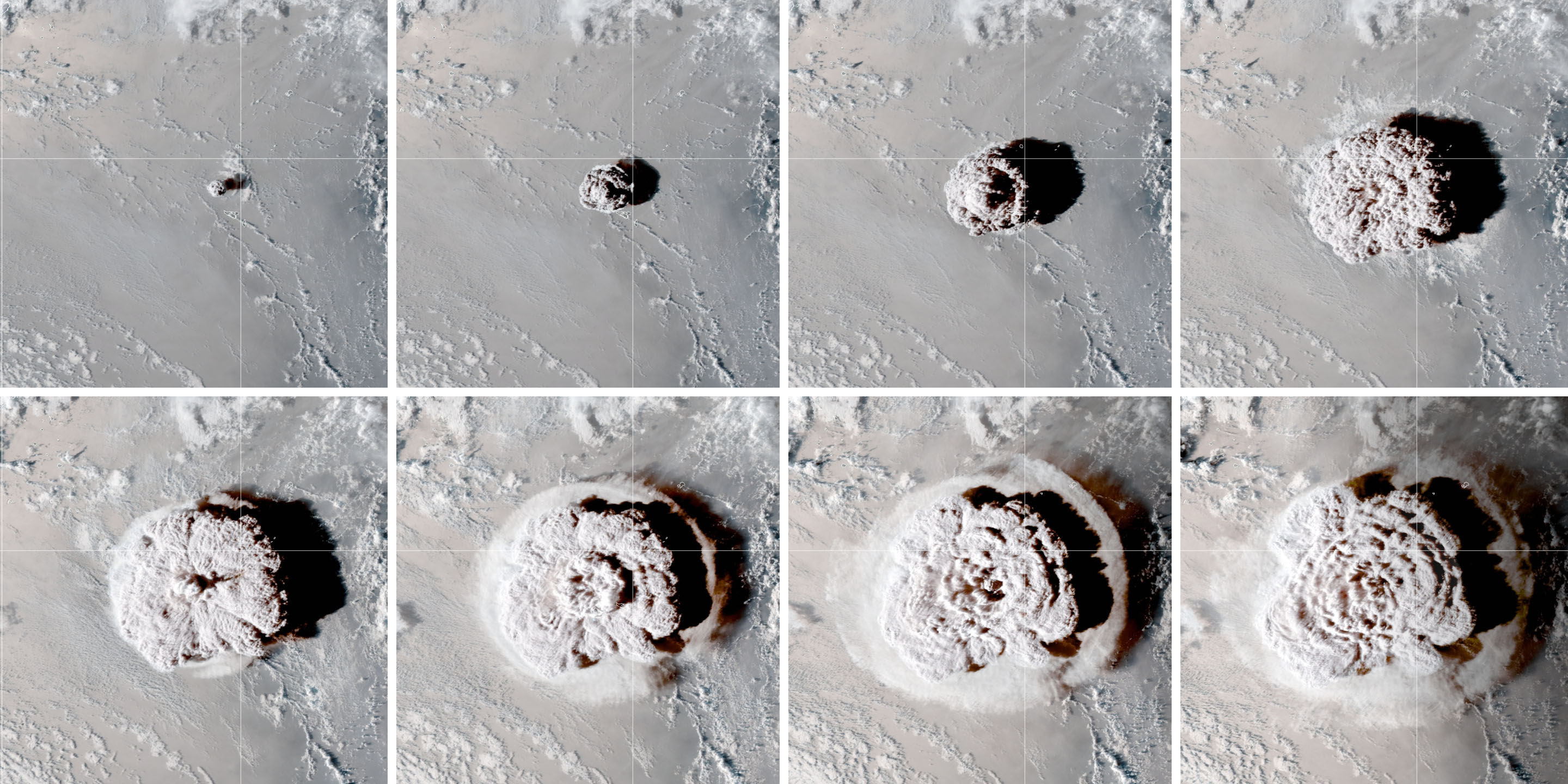 Composite of NASA satellite images capturing the explosive eruption of Hunga Tonga–Hunga Ha‘apai in the South Pacific.