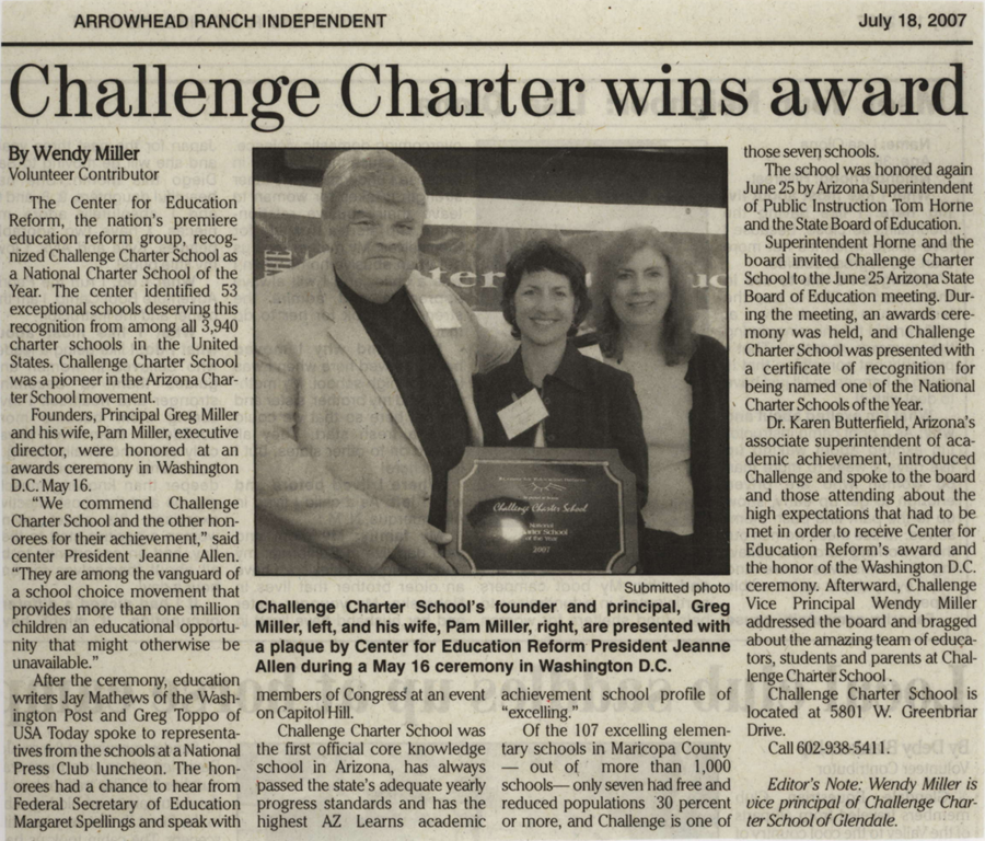 Challenge Charter wins award - July 18 2007