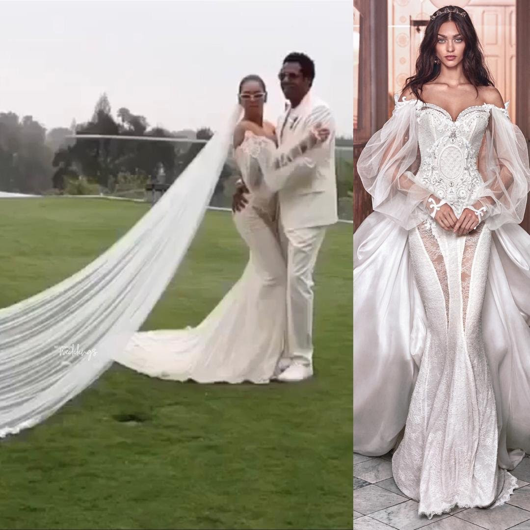 A side by side comparison of Beyonce and the model in the Victorian-style wedding dress