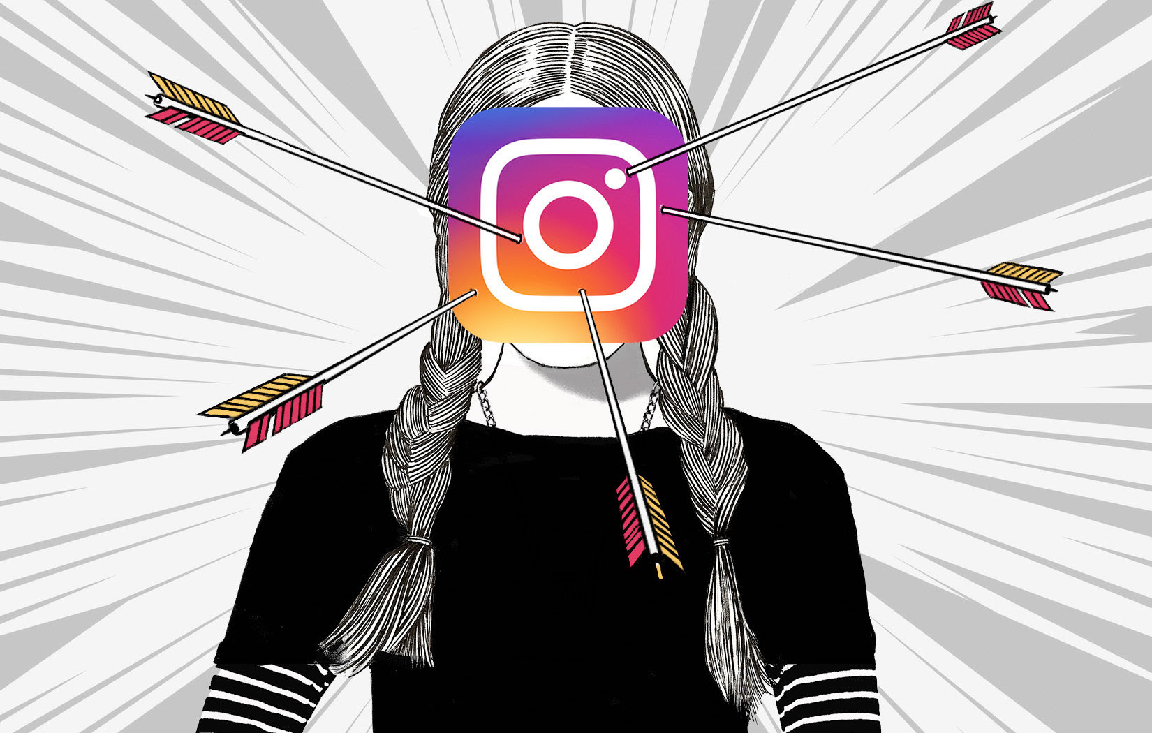 Image of illustration of child with Instagram logo on face with arrows sticking in the logo