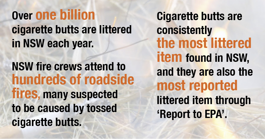 Over one billion cigarette butts are littered in NSW each year. Cigarette butts are consistently the most littered item found in NSW, and they are also the most reported littered item through 'Report to EPA'. NSW fire crews attend to hundreds of roadside fires, many suspected to be caused by tossed cigarette butts.