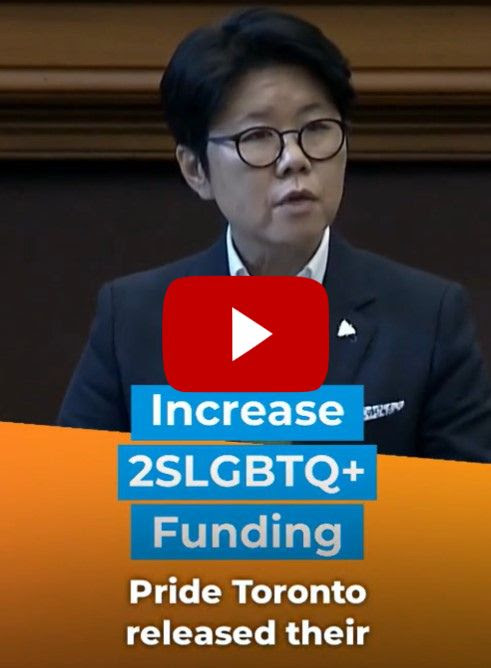 MPP Wong-Tam in the legislature with the caption "Increase

2SLGBTQ+ Funding"