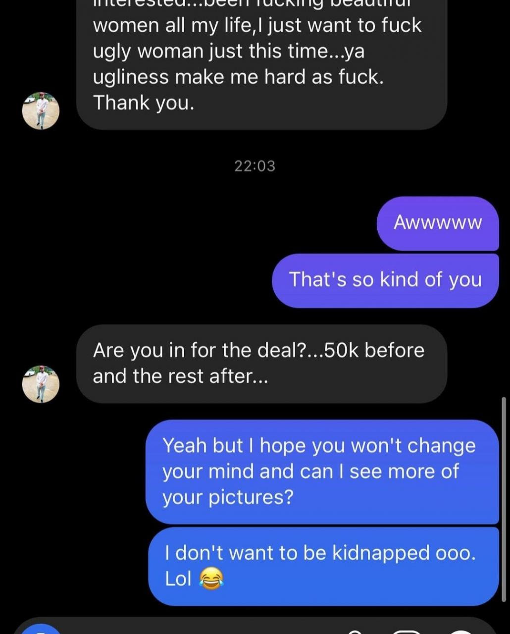 Adetutu OJ exposes chat with married man who offered to pay 500k for sex with her because he fantasies about sex with an 