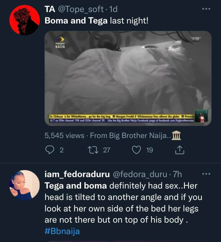 #BBNaija: Nigerians react to videos of Tega and Boma making out