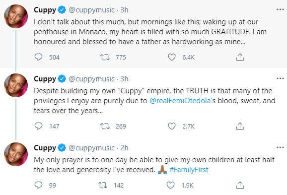 "Waking up at our penthouse in Monaco, my heart is filled with gratitude" DJ Cuppy credits her dad for the privileges she enjoys