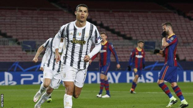 Cristiano Ronaldo celebrates after scoring for Juventus against Barcelona in the Champions League