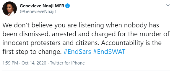 #EndSARS: We don?t believe you are listening when nobody has been arrested and charged for the murder of innocent protesters- Genevieve Nnaji