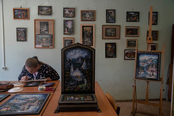 A student at the Higher School of Folk Art in the village of Kholui, Russia, where a local industry of artmaking has flourished.