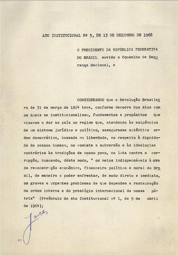 Primeira página do AI-5, assinado em 13 de dezembro de 1968