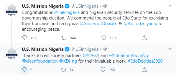 US hails INEC and security agencies over Edo governorship election
