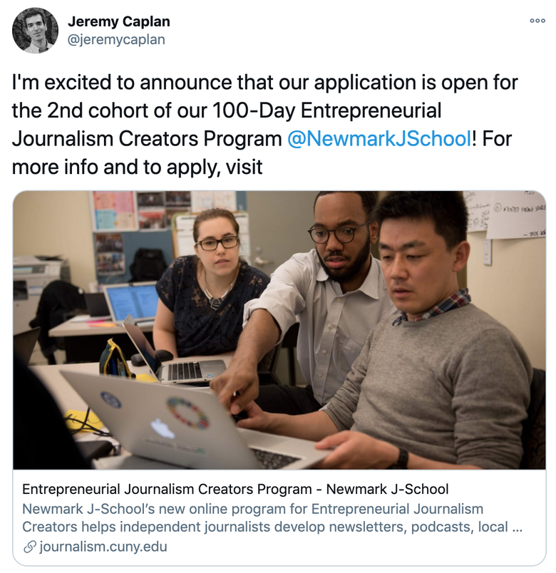 A screenshot of a tweet from Jeremy Caplan announcing the opening of the next application