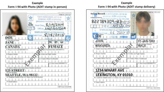 Examples of Form I-94 with Photo (ADIT stamp in-person)