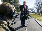 President Donald Trump speaks to the media as he leaves the White House, Sunday, Feb. 23, 2020, in Washington, en route to India. (AP Photo/Jacquelyn Martin)