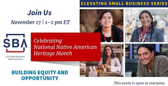 Photo of four people with text, Celebrating National Native American Heritage Month webinar on November 17 at 1 pm ET