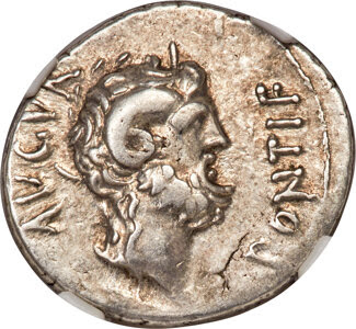 L. Pinarius Scarpus, as Imperator (ca. 31 BC), with Octavian, as Imperator. AR denarius (20mm, 3.59 gm, 11h). NGC XF★ 5/5 - 4/5