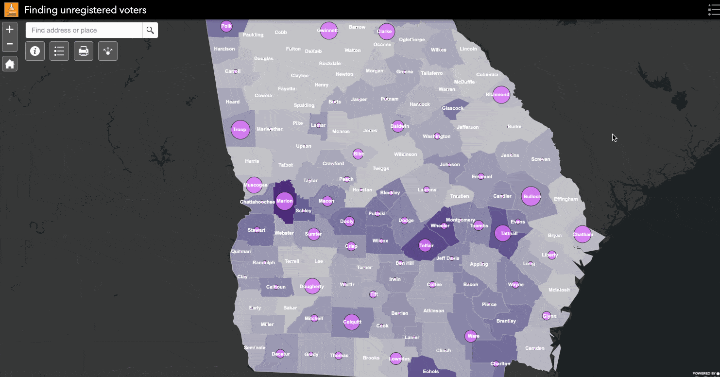 This map shows county boundaries, the population of a county, the number of registered voters and the level of disenfranchisement. The darker the color the greater the level of disenfranchisement and the more potential unregistered voters. 