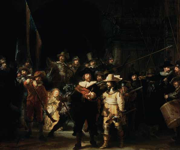 Rembrandt van Rijn. The Company of Captain Frans Banning Cocq, or The Night Watch, c. 1642. Oil on Canvas, 11' 11" × 14' 4". Rijksmuseum, Amsterdam.