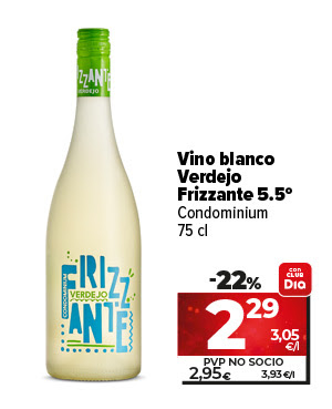 Vino blanco Verdejo Frizzante 5,5º Condominium 75cl ahora un 22% más barato con CLUBDia a 2,29€ a 3,05€/l. Pvp no socio a 2,95€ a 3,93€/l