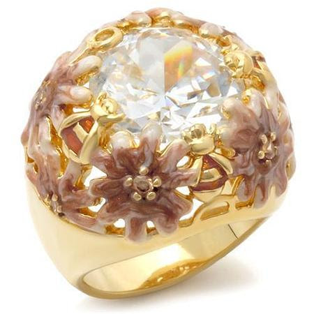 0W203 - Matte Gold &amp; Gold Brass Ring with AAA Grade CZ  in Clear