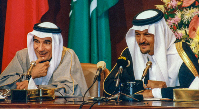 [Left] H.E. Abdulla Y. Bishara and [Right] HRH Prince Saud Al Faisal, Saudi Arabia's long-serving Minister of Foreign Affairs (1975 to 2015), at the 8th GCC Summit in Riyadh, Saudi Arabia. Photo: Dr. John Duke Anthony, 1987.