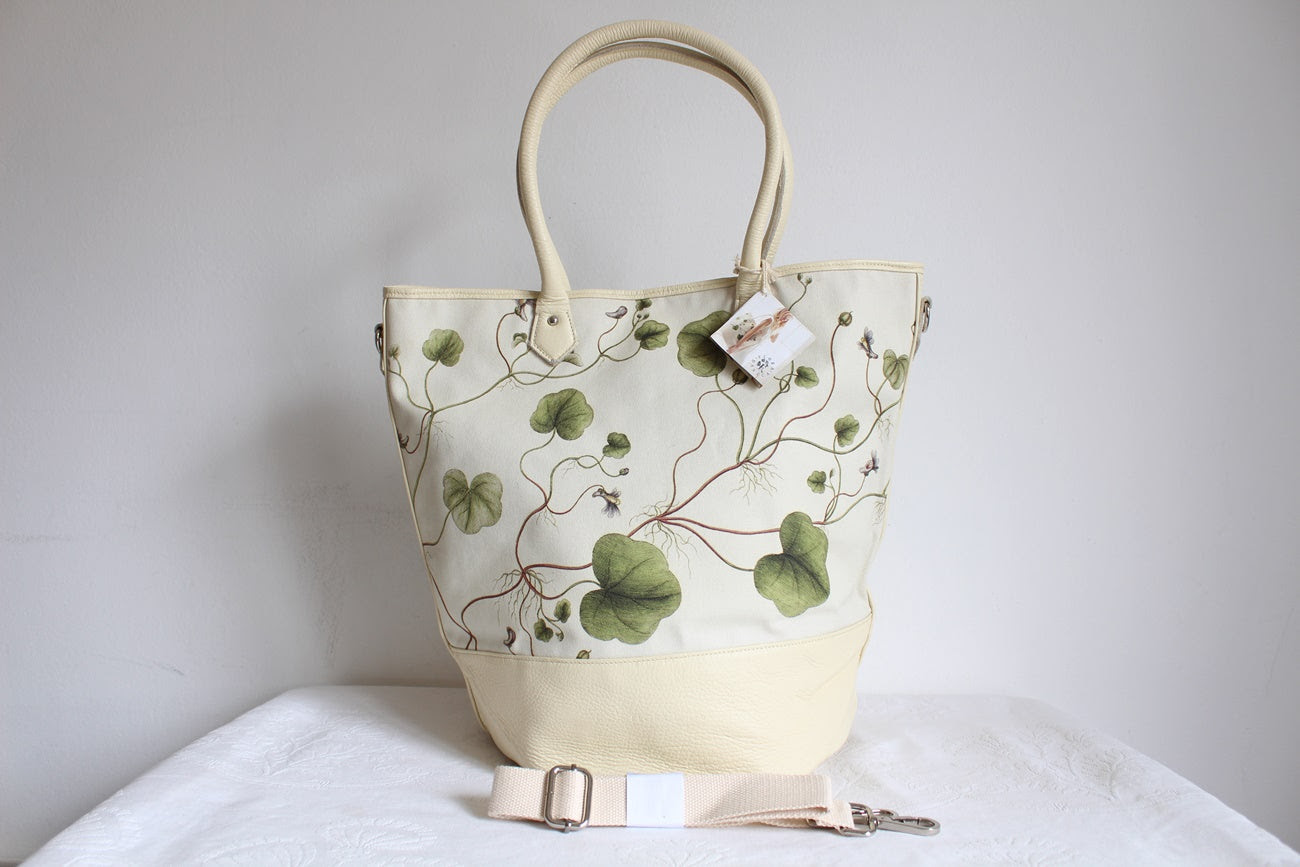 NEW FLORA D. GENUINE LEATHER CANVAS LARGE TOTE