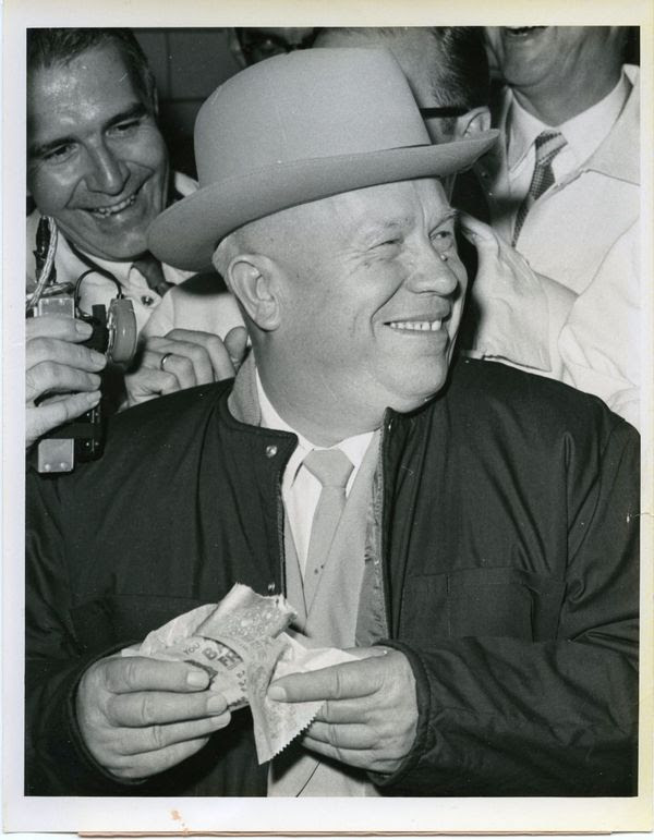 Soviet                                                           Premier Nikita                                                          Khrushchev                                                          eating a hot                                                          dog in Des                                                          Moines, Iowa 