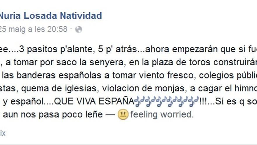 Imagen del comentario de Nuria Losada en su perfil de facebook