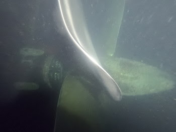 Underwater view of a ferry propeller