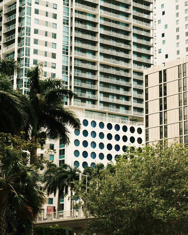 A high-rise apartment building in the Brickell neighborhood of Miami.