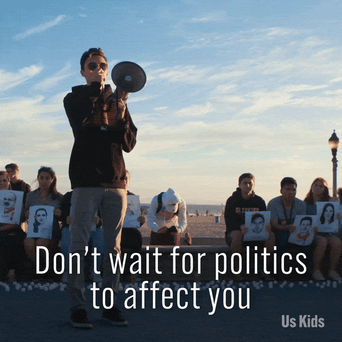 A screen capture of David Hogg with a megaphone, with captions reading: Don't wait for politics to affect you to become involved.