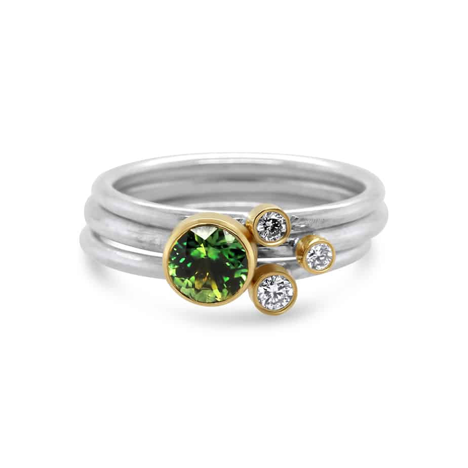 Green sapphire and diamond stacking ring set by by shimara carlow at designyard contemporary jewellery dublin ireland