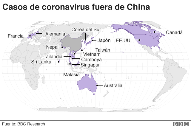 Mapa con los casos confirmados de coronavirus fuera de China