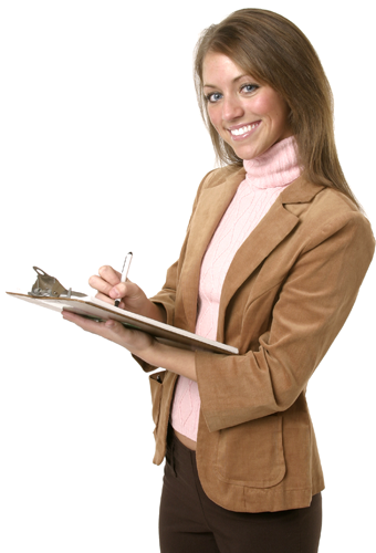 girl smiling and making notes on a clipboard