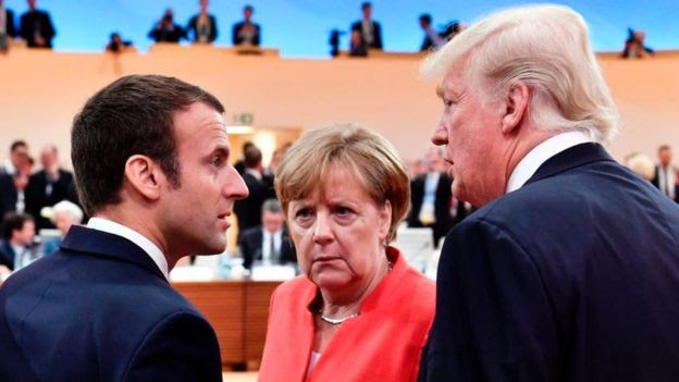 Emmanuel Macron, Angela Merkel y Donald Trump en la cumbre del G-20 celebrada en Hamburgo, Alemania, en 2017.