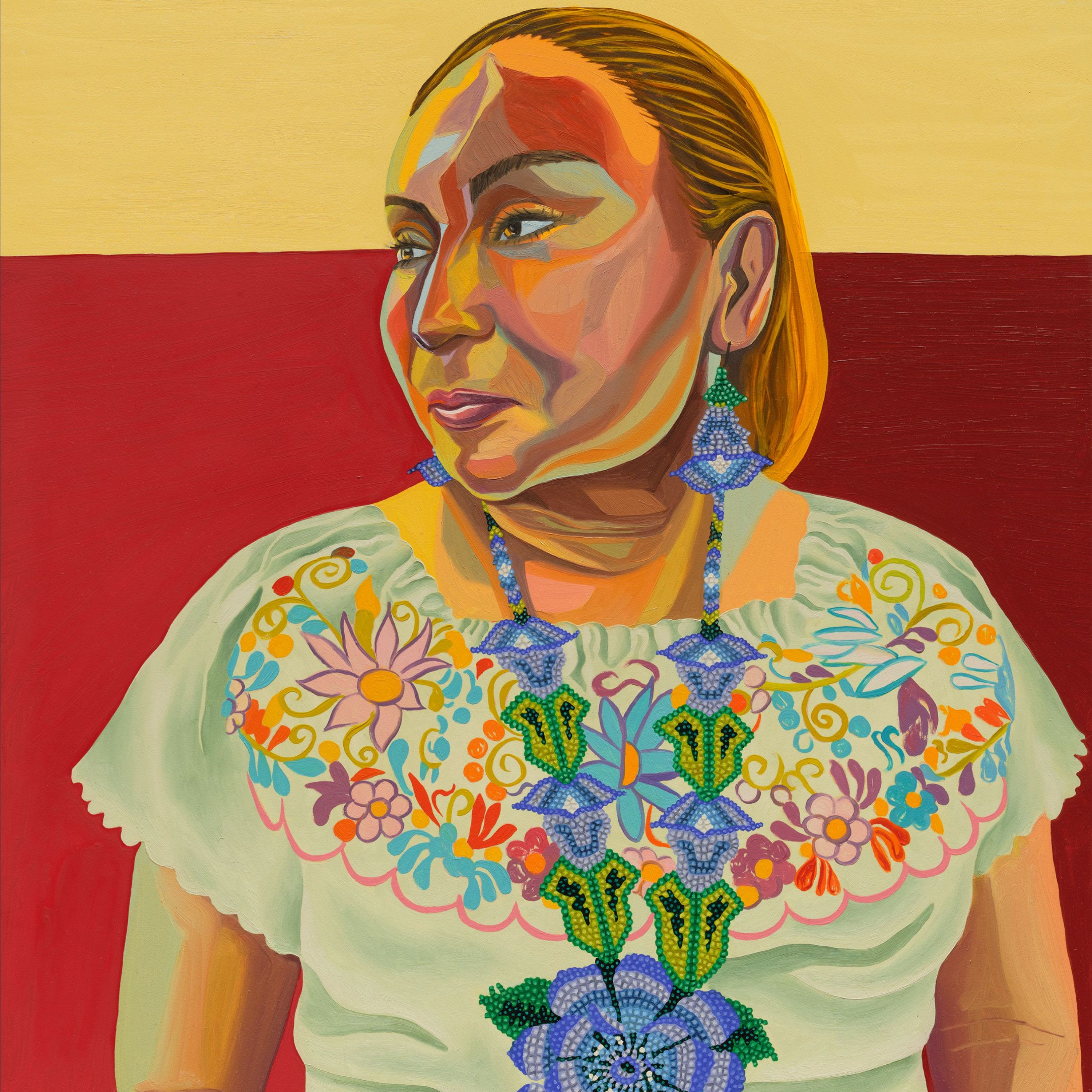 A painting of Carmen by Aliza Nisenbaum. Carmen is posing against a cream and red backdrop. She has blond hair and is wearing a beaded necklace and earrings in the shape of purple flowers. She is wearing a white dress with colorful floral patterns around the collar.