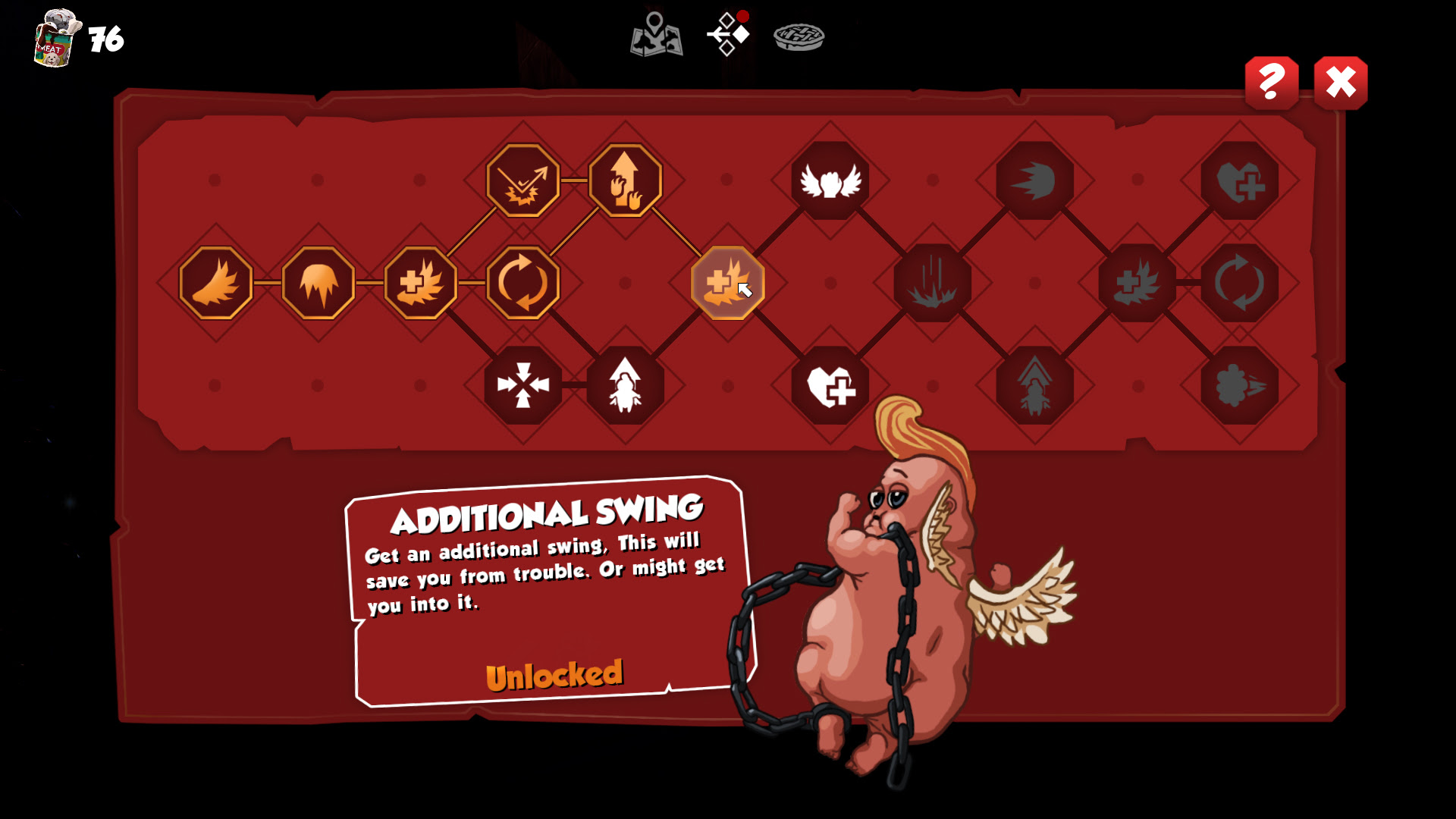 A picture of the skill tree in Hell Pie. There is a picture of Nugget, the pet angel, and the skill that has just been unlocked is called Additional Swing with the effect of "Get an additional swing. This will save you from trouble. Or might get you into it."