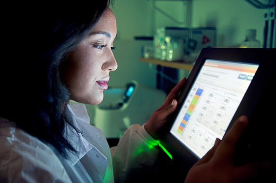 Photograph: PulseNet scientist reviews data on computer monitor.