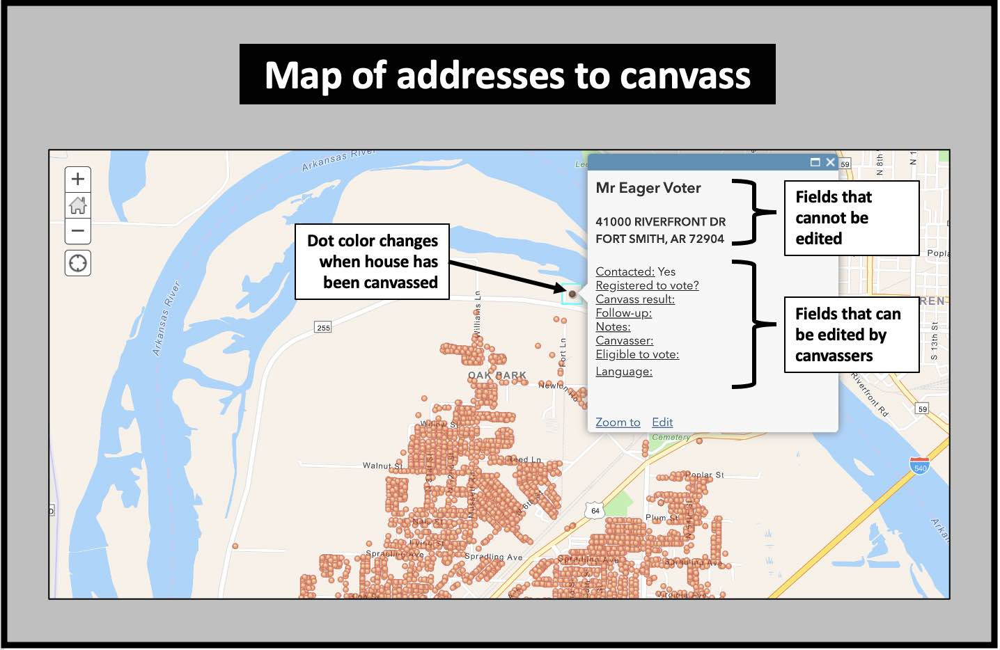 Map the addresses to be canvassed. Make it easier for volunteers to canvass.